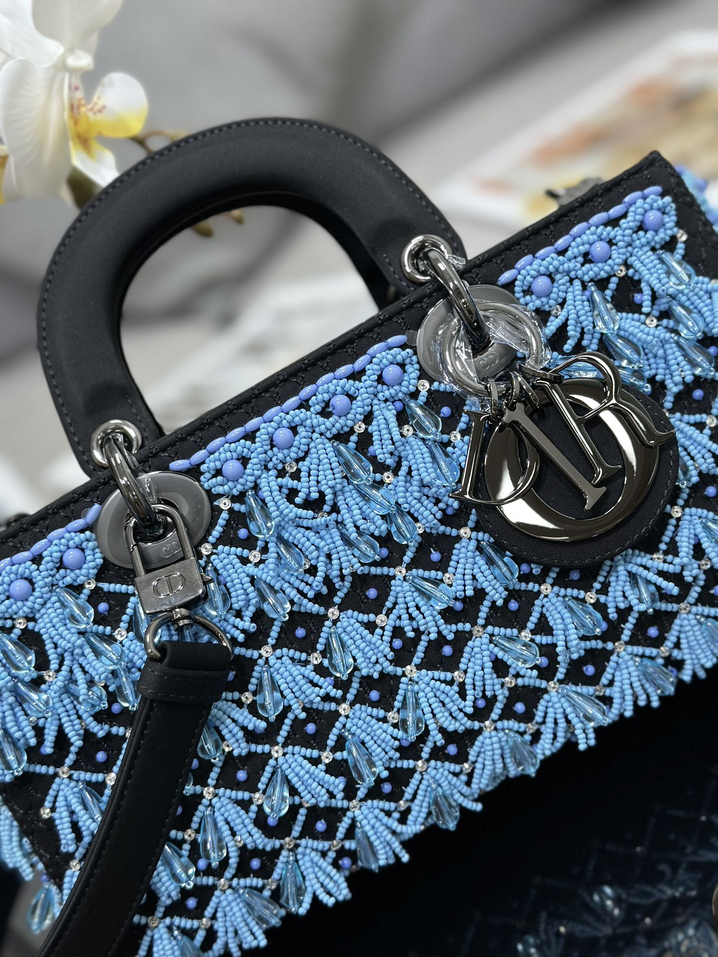 Medium Lady D-Joy Bag Black Satin Embroidered with Blue Beads